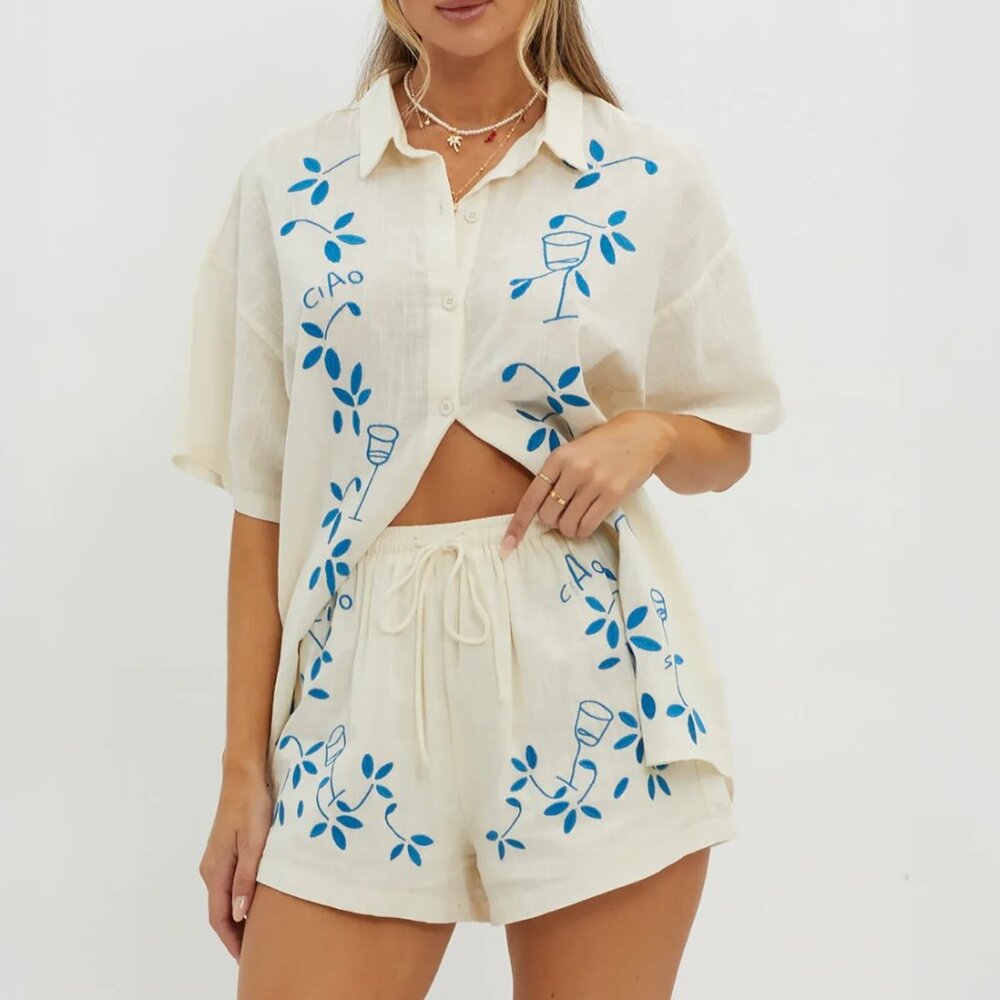 Commense Blue Embroidered Capri Set